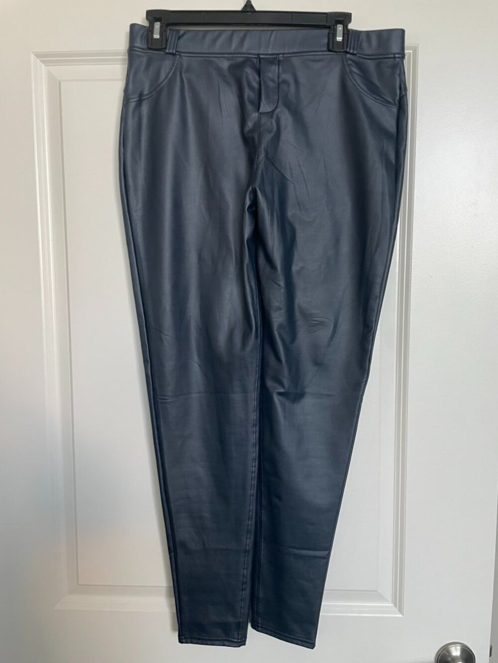 Dark Blue Faux Leather Pants – High Waist – Slim Tapered Leg